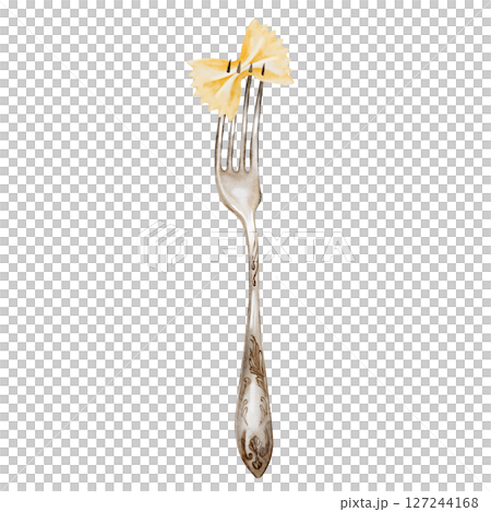 Fork with farfalle watercolor illustration. Hand drawn italian macaroni on white background. Food clip art. Ideal for pasta packaging, restaurant menus and posters 127244168