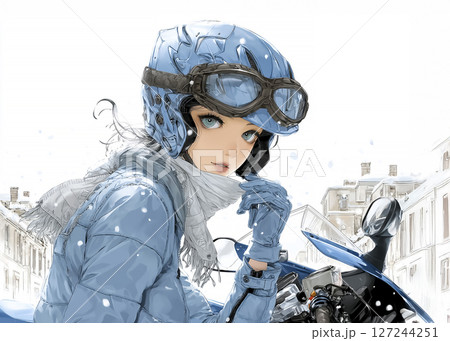 スポーツバイクで冬ツーリングをする女性ライダーのイラスト素材 127244251