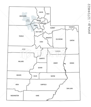 State of Utah, subdivided into 29 counties, outline map with county names and boundaries. State in the Mountain West of the United States, nicknamed Beehive State, The Mormon State, and Deseret. State of Utah, subdivided into 29 counties, outline map with county names and boundaries. State in the Mountain West of the United States, nicknamed Beehive State, The Mormon State, and Deseret. 127244622