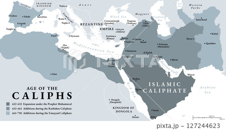 The age of the Caliphs, history map of the Islamic Caliphate from 622 to 750. The expansion under the Prophet Mohammad, with additions during the Rashidun Caliphate and the Umayyad Caliphate. Vector 127244623