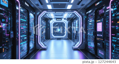 Futuristic corridor server room data center Glowing neon lit hallway in modern digital data center 127244643