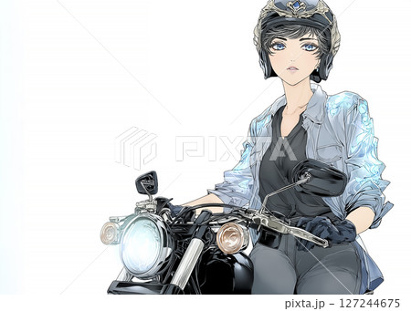 大型クルーザーバイクでツーリングする女性ライダーのイラスト素材 127244675