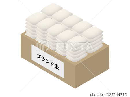 大量に平積みされたブランド米のアイソメトリックイラスト 127244715