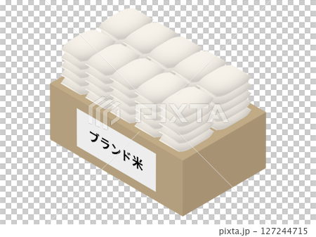 Isometric illustration of a large amount of branded rice stacked flat 127244715