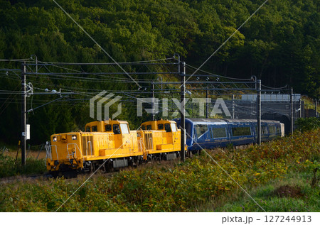 早朝の嵐山トンネルを抜けて方向転換を行う滝川へ回送されるTHE ROYAL EXPRESS 早朝の嵐山トンネルを抜けて方向転換を行う滝川へ回送されるTHE ROYAL EXPRESS 127244913