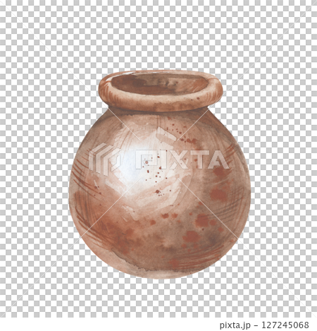 The rounded clay flower pot is hand-drawn. Watercolor illustration isolated on a white background. A brown vessel for use on a farm and in agriculture. Clipart. The rounded clay flower pot is hand-drawn. Watercolor illustration isolated on a white background. A brown vessel for use on a farm and in agriculture. Clipart. 127245068