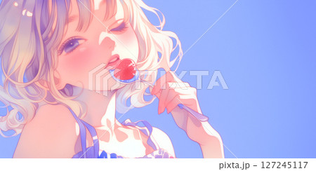 イチゴを舐める女性 127245117