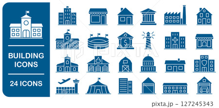Building icon set. City architecture symbol sign. Containing Circus, airport, house, factory, bank, school, fire station, shop, hospital icons collection. Vector illustration image. 127245343