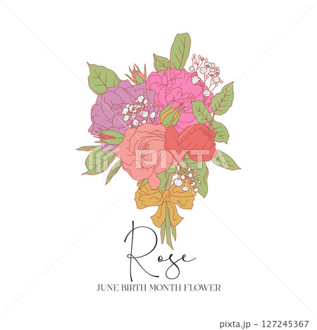 Hand drawn line art retro palette roses bouquet with text june month birth flower 127245367