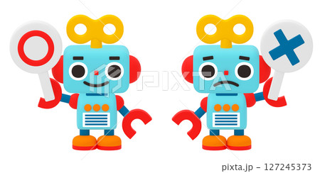 丸とバツのプラカードを持ったかわいいロボット 丸とバツのプラカードを持ったかわいいロボット 127245373
