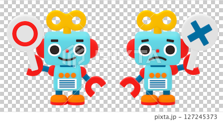 丸とバツのプラカードを持ったかわいいロボット 丸とバツのプラカードを持ったかわいいロボット 127245373