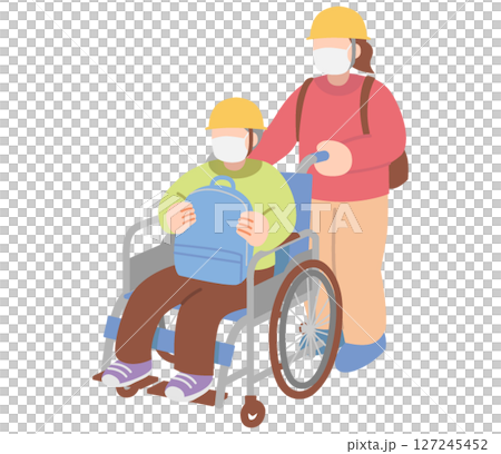 A woman evacuating and a senior man sitting in a wheelchair A woman evacuating and a senior man sitting in a wheelchair 127245452