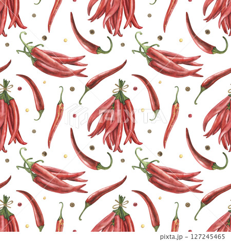 Seamless pattern with red hot chili pepper pods. Watercolor illustration with cayenne pepper fruits, pepper seeds are hand-painted in a botanical style. For wallpaper design, textiles, packaging Seamless pattern with red hot chili pepper pods. Watercolor illustration with cayenne pepper fruits, pepper seeds are hand-painted in a botanical style. For wallpaper design, textiles, packaging 127245465