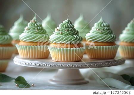 Various cakes in green tones on dessert stand with soft lighting. 127245568