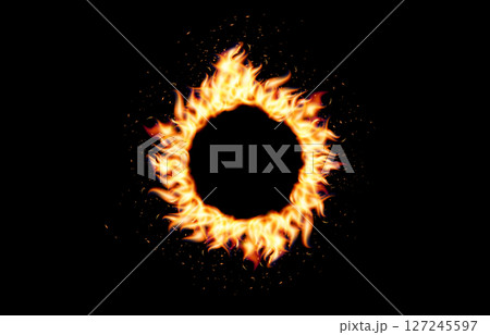 Burning fire ring with glowing flames, as solar eclipse, circus prop, magical portal or energy symbol. Useful for weather alerts, sun flares, show posters, fantasy themes. Vector illustration. 127245597