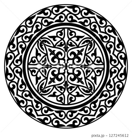 Black ethnic patterned plate. Kazakh ornament. Element of the national pattern of the ancient nomads. For decoration of clothes, yurts, medallion, ceramics 127245612