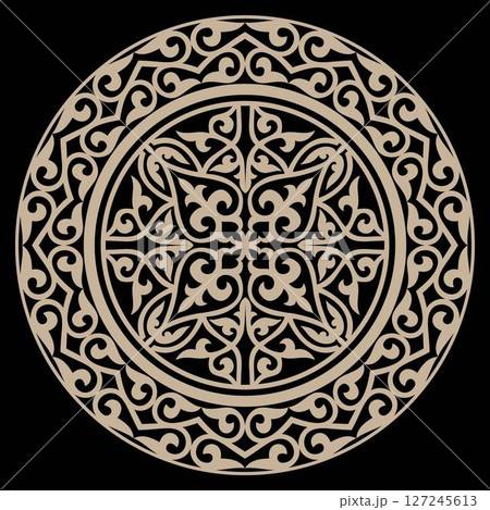 Golden ethnic patterned plate. Gold Kazakh ornament. Element of the national pattern of the ancient nomads. For decoration of clothes, yurts, medallion, ceramics 127245613