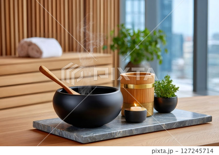 Steaming black bowl with wooden spoon and candle on marble slab in modern spa 127245714