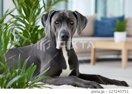 Great dane relaxing on carpet in modern living room 127245751