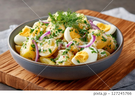 Fresh potato salad with eggs, red onion and dill dressing in a bowl 127245766
