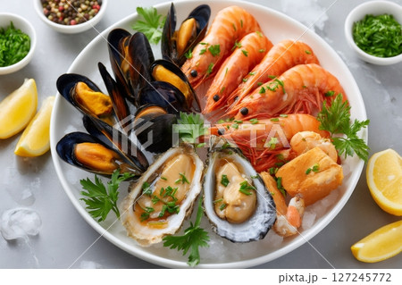Fresh seafood platter with mussels, oysters and shrimps garnished with herbs and lemon Fresh seafood platter with mussels, oysters and shrimps garnished with herbs and lemon 127245772