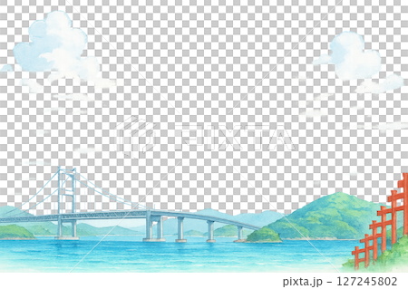 瀨戶內島波海道和藍天夏日清爽旅行框架水彩風格插畫透明PNG 瀨戶內島波海道和藍天夏日清爽旅行框架水彩風格插畫透明PNG 127245802