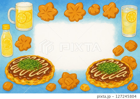 広島風お好み焼きと夏のグルメモチーフフレーム 水彩風イラスト 透過PNG 127245804