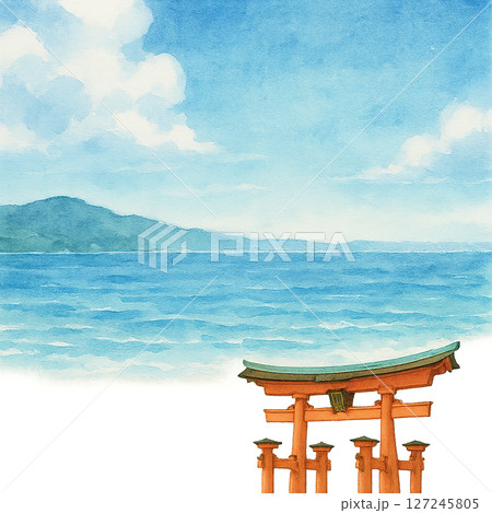 宮島の大鳥居と瀬戸内海 夏の旅フレーム 水彩風イラスト 透過PNG 127245805