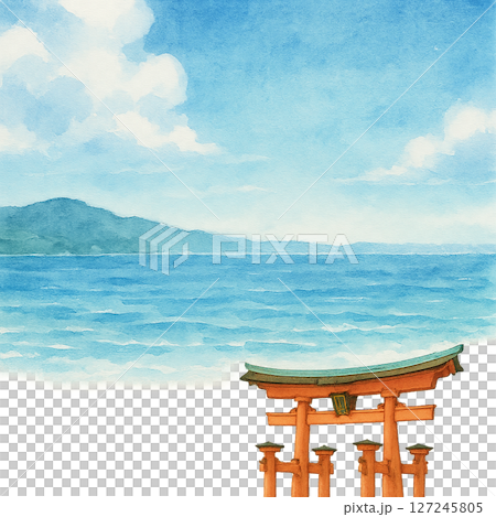 宮島大鳥居和瀨戶內海夏季旅行框架水彩插圖透明PNG 127245805