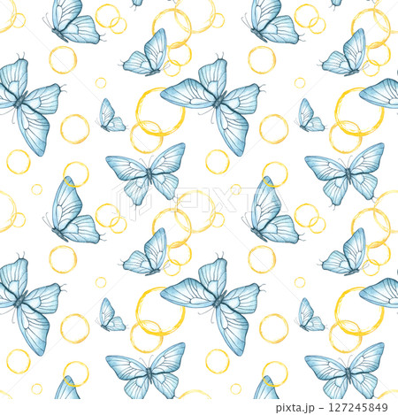 Seamless watercolor pattern with abstract yellow circles and delicate blue butterflies in motion. Dreamy, ethereal illustration isolated background. For textile, wallpaper, packaging Seamless watercolor pattern with abstract yellow circles and delicate blue butterflies in motion. Dreamy, ethereal illustration isolated background. For textile, wallpaper, packaging 127245849