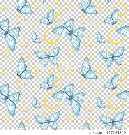 Seamless watercolor pattern with abstract yellow circles and delicate blue butterflies in motion. Dreamy, ethereal illustration isolated background. For textile, wallpaper, packaging Seamless watercolor pattern with abstract yellow circles and delicate blue butterflies in motion. Dreamy, ethereal illustration isolated background. For textile, wallpaper, packaging 127245849