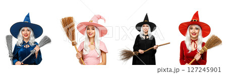 Set of cute beautiful cartoon witches in Halloween costumes with broom and hat, ready to celebrate, isolated on white background. Festive spooky illustration 127245901