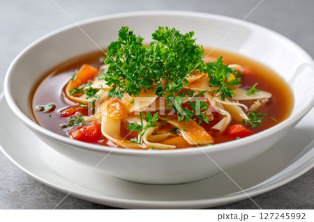 Tomato soup with noodles and parsley garnish in white bowl 127245992
