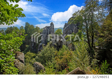 Bastei bridge surrounded by rock formations in Saxon Switzerland 127246051