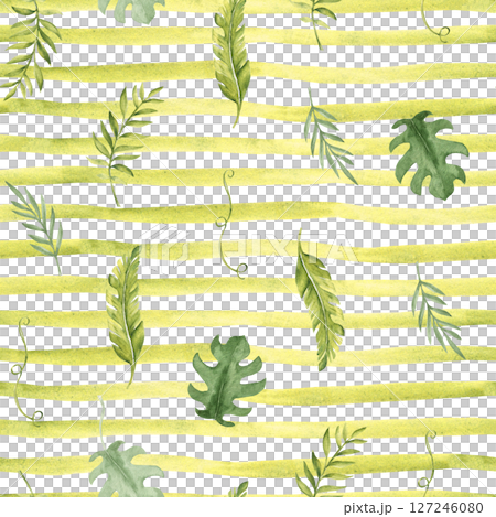 Tropical Leaves Seamless Pattern on a green yellow striped background. Palm, Eucalyptus and Monstera with Liana, horizontal Brush Strokes or Lines. Watercolor Hand drawn illustration. For packaging 127246080