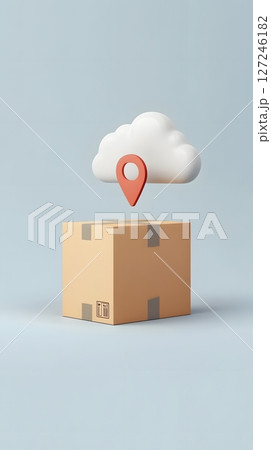 3D delivery box with location pin and cloud icon, minimal tone, 127246182