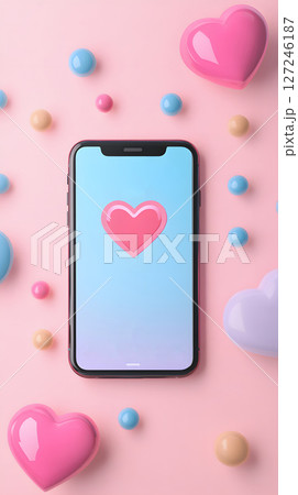 3D health app on phone with heart rate monitor, pastel colors, 127246187
