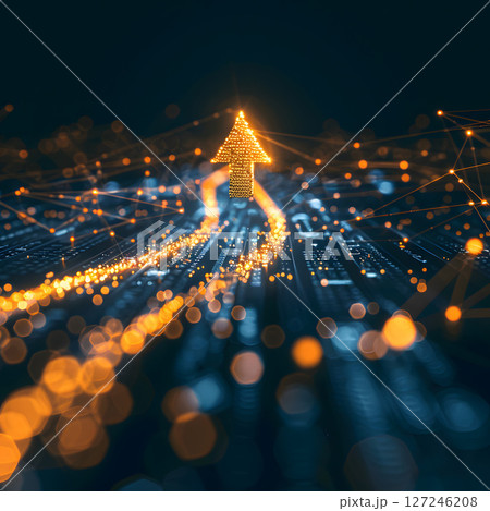 Upward trend arrow graph symbolizing business growth and success on a digital screen 127246208