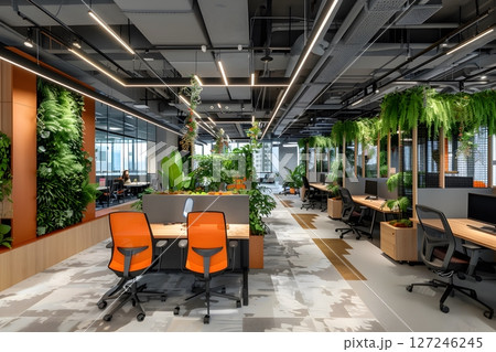 Modern office interior with ergonomic chairs and spacious desks promoting productivity Modern office interior with ergonomic chairs and spacious desks promoting productivity 127246245