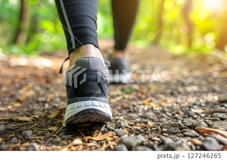 Person practicing mindful walking in nature paying attention to surroundings sensory experience 127246265