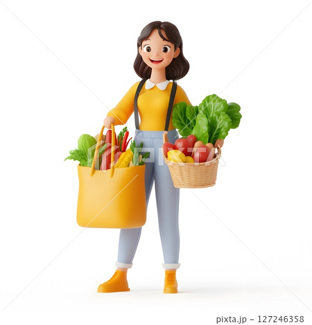 Happy 3D woman with groceries in eco bag, Happy 3D woman with groceries in eco bag, 127246358