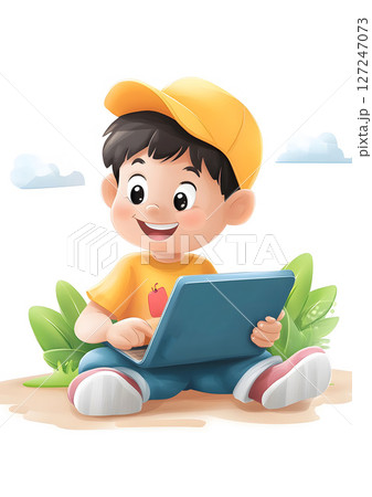 Kids watching educational video on tablet in 3D style, 127247073