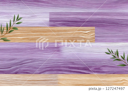 Purple and Brown Wooden Planks forming a Geometric Pattern with Green Leaves 127247497