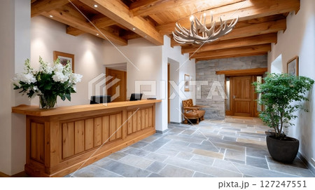 Elegant hotel reception with wooden furniture and antler chandelier illuminating the entrance 127247551