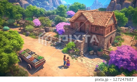 Sunny village house with couple and lush greenery Sunny village house with couple and lush greenery 127247687