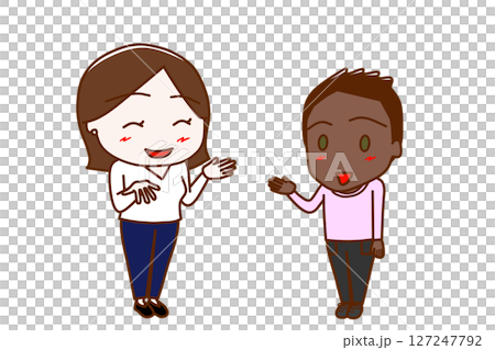 （全身斜め）女性と笑顔で楽しく会話するアフリカ系少年 127247792