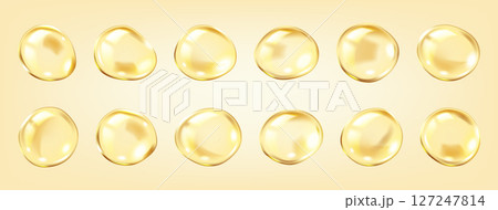 Golden collagen serum bubbles skincare realistic color icons 127247814