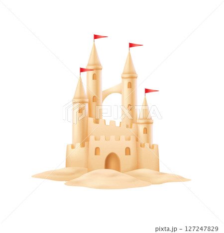 Sandcastle with Red Flags on White Backdrop 127247829