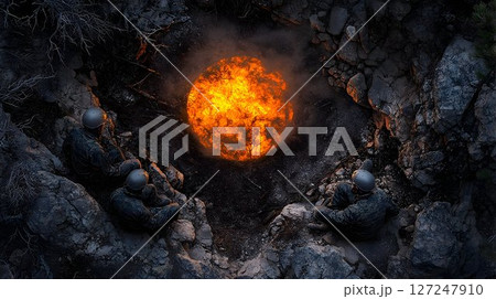 Soldiers gathered around fiery orb in dark crevice 127247910