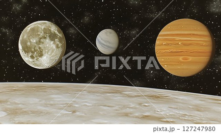 Cosmic scene planets moons stars space universe astronomy background 127247980